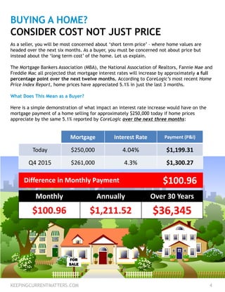 BUYING A HOME?
CONSIDER COST NOT JUST PRICE
As a seller, you will be most concerned about ‘short term price’ – where home ...