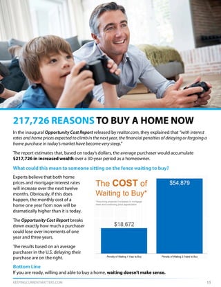 KEEPINGCURRENTMATTERS.COM 11
In the inaugural Opportunity Cost Report released by realtor.com, they explained that “with interest
rates and home prices expected to climb in the next year, the financial penalties of delaying or forgoing a
home purchase in today’s market have become very steep.”
The report estimates that, based on today’s dollars, the average purchaser would accumulate
$217,726 in increased wealth over a 30-year period as a homeowner.
What could this mean to someone sitting on the fence waiting to buy?
217,726 REASONS TO BUY A HOME NOW
Experts believe that both home
prices and mortgage interest rates
will increase over the next twelve
months. Obviously, if this does
happen, the monthly cost of a
home one year from now will be
dramatically higher than it is today.
The Opportunity Cost Report breaks
down exactly how much a purchaser
could lose over increments of one
year and three years.
The results based on an average
purchaser in the U.S. delaying their
purchase are on the right.
Bottom Line
If you are ready, willing and able to buy a home, waiting doesn’t make sense.
 