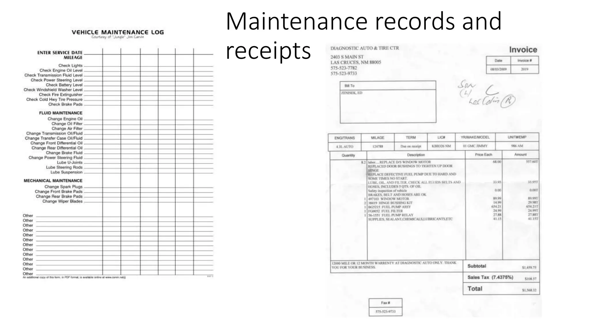 Maintenance records and
receipts
 