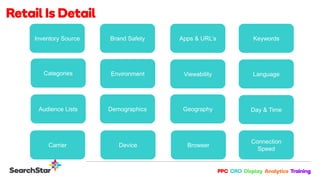 Inventory Source Brand Safety Apps & URL’s Keywords
Categories Environment Viewability Language
Audience Lists Demographics Geography Day & Time
Device Browser
Connection
Speed
Carrier
 