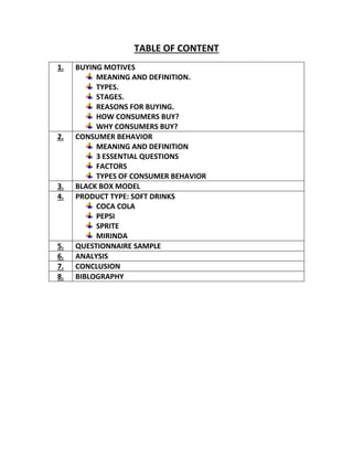 TABLE OF CONTENT 
1. BUYING MOTIVES 
MEANING AND DEFINITION. 
TYPES. 
STAGES. 
REASONS FOR BUYING. 
HOW CONSUMERS BUY? 
WHY CONSUMERS BUY? 
2. CONSUMER BEHAVIOR 
MEANING AND DEFINITION 
3 ESSENTIAL QUESTIONS 
FACTORS 
TYPES OF CONSUMER BEHAVIOR 
3. BLACK BOX MODEL 
4. PRODUCT TYPE: SOFT DRINKS 
COCA COLA 
PEPSI 
SPRITE 
MIRINDA 
5. QUESTIONNAIRE SAMPLE 
6. ANALYSIS 
7. CONCLUSION 
8. BIBLOGRAPHY 
 