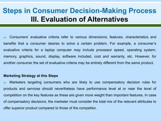 Steps in Consumer Decision-Making Process
III. Evaluation of Alternatives
 Consumers’ evaluative criteria refer to various dimensions; features, characteristics and
benefits that a consumer desires to solve a certain problem. For example, a consumer’s
evaluative criteria for a laptop computer may include processor speed, operating system,
memory, graphics, sound, display, software included, cost and warranty, etc. However, for
another consumer the set of evaluative criteria may be entirely different from the same product.
Marketing Strategy at this Steps
 Marketers targeting consumers who are likely to use compensatory decision rules for
products and services should nevertheless have performance level at or near the level of
competition on the key features as these are given more weight than important features. In case
of compensatory decisions, the marketer must consider the total mix of the relevant attributes to
offer superior product compared to those of the competitor.
 
