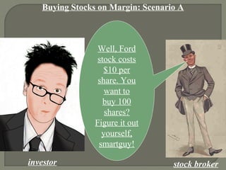 Buying Stocks on Margin: Scenario A
investor stock broker
Well, Ford
stock costs
$10 per
share. You
want to
buy 100
shares?
Figure it out
yourself,
smartguy!
 