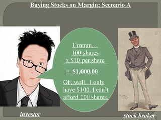 Buying Stocks on Margin: Scenario A
investor stock broker
Ummm…
100 shares
x $10 per share
= $1,000.00
Oh, well. I only
have $100. I can’t
afford 100 shares.
 