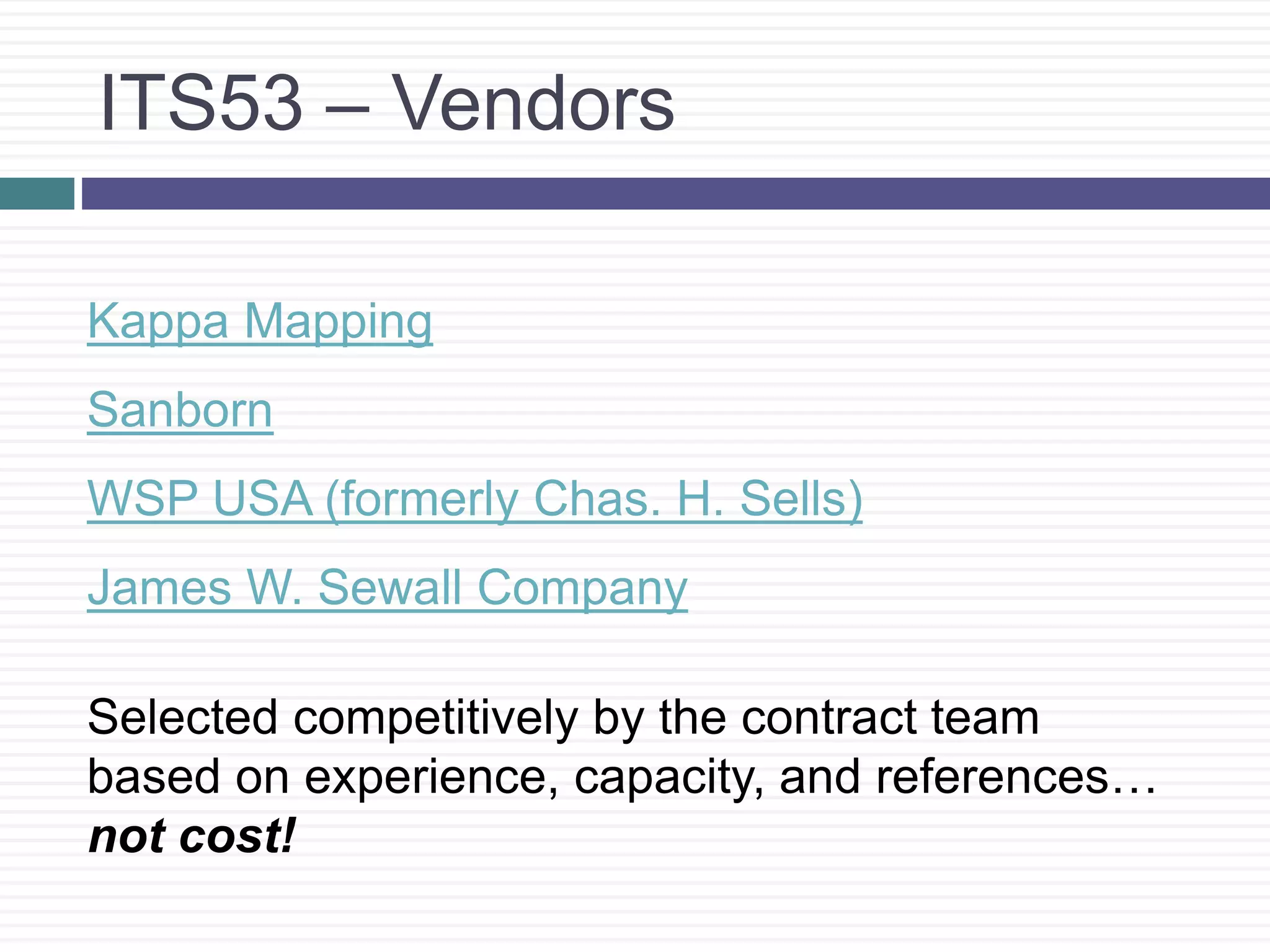 ITS53 – Vendors
Kappa Mapping
Sanborn
WSP USA (formerly Chas. H. Sells)
James W. Sewall Company
Selected competitively by the contract team
based on experience, capacity, and references…
not cost!
 