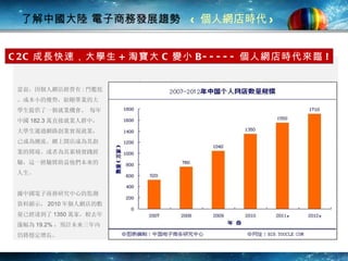 了解中國大陸 電子商務發展趨勢  < 個人網店時代 > C2C 成長快速，大學生 + 淘寶大 C 變小 B----- 個人網店時代來臨 ! 當前，因個人網店經營有 : 門檻低、成本小的優勢，給剛畢業的大學生提供了一個就業機會。 每年 中國 182.3 萬直接就業人群中，大學生通過網路創業實現就業， 已 成為潮流。網上開店成為其創業的開端、或者為其累積實踐經驗，這一經驗將助益他們未來的人生。   據中國電子商務研究中心的監測資料顯示， 2010 年個人網店的數量已經達到了 1350 萬家，較去年漲幅為 19.2% ，預計未來三年內仍將穩定增長。 