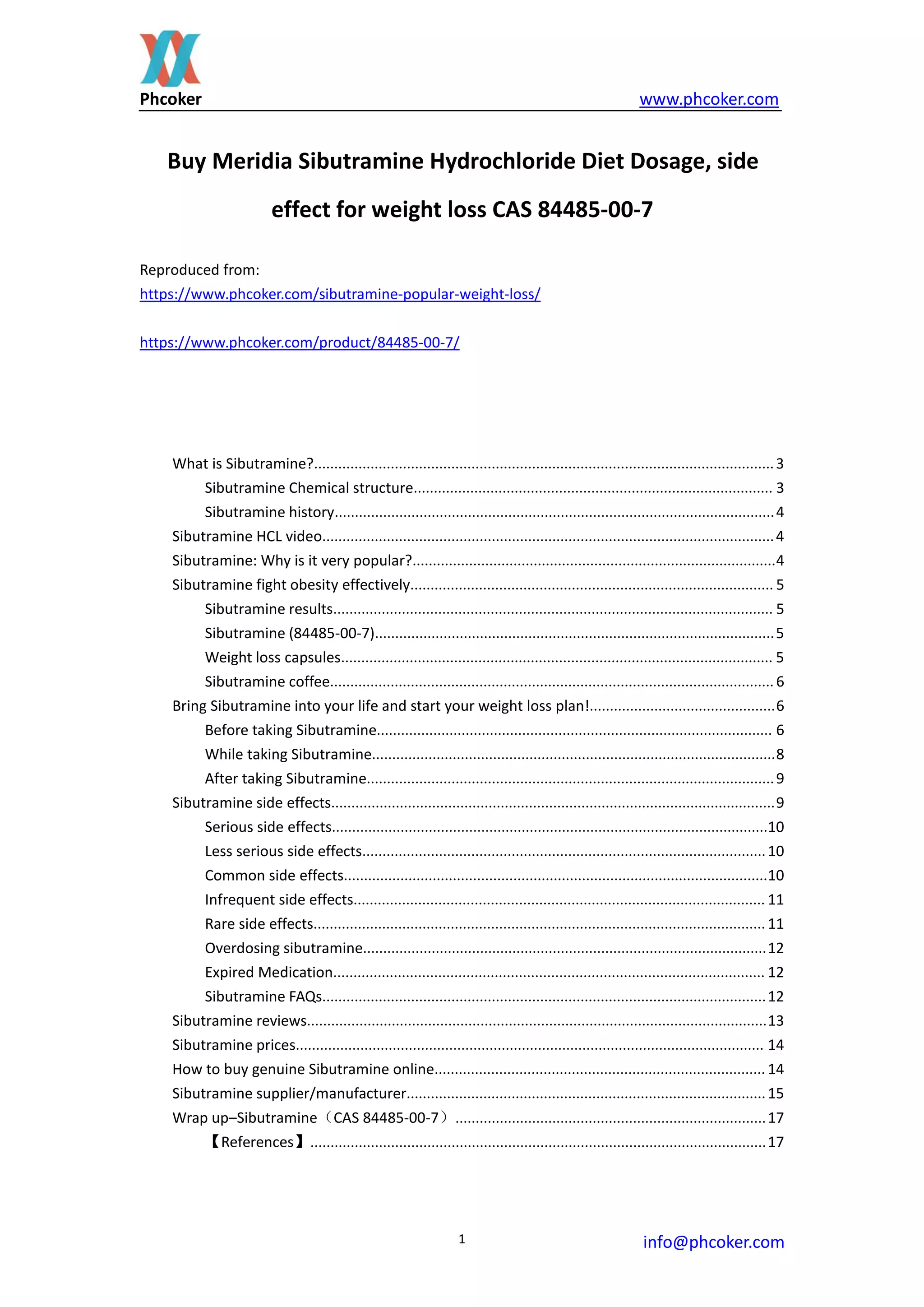 Buy meridia sibutramine hydrochloride diet dosage, side effect for weight loss cas 84485 007 PDF