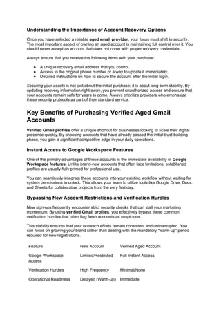 Understanding the Importance of Account Recovery Options
Once you have selected a reliable aged email provider, your focus must shift to security.
The most important aspect of owning an aged account is maintaining full control over it. You
should never accept an account that does not come with proper recovery credentials.
Always ensure that you receive the following items with your purchase:
● A unique recovery email address that you control.
● Access to the original phone number or a way to update it immediately.
● Detailed instructions on how to secure the account after the initial login.
Securing your assets is not just about the initial purchase; it is about long-term stability. By
updating recovery information right away, you prevent unauthorized access and ensure that
your accounts remain safe for years to come. Always prioritize providers who emphasize
these security protocols as part of their standard service.
Key Benefits of Purchasing Verified Aged Gmail
Accounts
Verified Gmail profiles offer a unique shortcut for businesses looking to scale their digital
presence quickly. By choosing accounts that have already passed the initial trust-building
phase, you gain a significant competitive edge in your daily operations.
Instant Access to Google Workspace Features
One of the primary advantages of these accounts is the immediate availability of Google
Workspace features. Unlike brand-new accounts that often face limitations, established
profiles are usually fully primed for professional use.
You can seamlessly integrate these accounts into your existing workflow without waiting for
system permissions to unlock. This allows your team to utilize tools like Google Drive, Docs,
and Sheets for collaborative projects from the very first day.
Bypassing New Account Restrictions and Verification Hurdles
New sign-ups frequently encounter strict security checks that can stall your marketing
momentum. By using verified Gmail profiles, you effectively bypass these common
verification hurdles that often flag fresh accounts as suspicious.
This stability ensures that your outreach efforts remain consistent and uninterrupted. You
can focus on growing your brand rather than dealing with the mandatory "warm-up" period
required for new registrations.
Feature New Account Verified Aged Account
Google Workspace
Access
Limited/Restricted Full Instant Access
Verification Hurdles High Frequency Minimal/None
Operational Readiness Delayed (Warm-up) Immediate
 