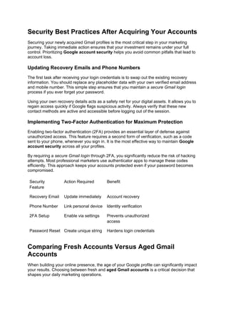 Security Best Practices After Acquiring Your Accounts
Securing your newly acquired Gmail profiles is the most critical step in your marketing
journey. Taking immediate action ensures that your investment remains under your full
control. Prioritizing Google account security helps you avoid common pitfalls that lead to
account loss.
Updating Recovery Emails and Phone Numbers
The first task after receiving your login credentials is to swap out the existing recovery
information. You should replace any placeholder data with your own verified email address
and mobile number. This simple step ensures that you maintain a secure Gmail login
process if you ever forget your password.
Using your own recovery details acts as a safety net for your digital assets. It allows you to
regain access quickly if Google flags suspicious activity. Always verify that these new
contact methods are active and accessible before logging out of the session.
Implementing Two-Factor Authentication for Maximum Protection
Enabling two-factor authentication (2FA) provides an essential layer of defense against
unauthorized access. This feature requires a second form of verification, such as a code
sent to your phone, whenever you sign in. It is the most effective way to maintain Google
account security across all your profiles.
By requiring a secure Gmail login through 2FA, you significantly reduce the risk of hacking
attempts. Most professional marketers use authenticator apps to manage these codes
efficiently. This approach keeps your accounts protected even if your password becomes
compromised.
Security
Feature
Action Required Benefit
Recovery Email Update immediately Account recovery
Phone Number Link personal device Identity verification
2FA Setup Enable via settings Prevents unauthorized
access
Password Reset Create unique string Hardens login credentials
Comparing Fresh Accounts Versus Aged Gmail
Accounts
When building your online presence, the age of your Google profile can significantly impact
your results. Choosing between fresh and aged Gmail accounts is a critical decision that
shapes your daily marketing operations.
 