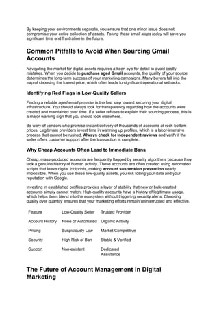 By keeping your environments separate, you ensure that one minor issue does not
compromise your entire collection of assets. Taking these small steps today will save you
significant time and frustration in the future.
Common Pitfalls to Avoid When Sourcing Gmail
Accounts
Navigating the market for digital assets requires a keen eye for detail to avoid costly
mistakes. When you decide to purchase aged Gmail accounts, the quality of your source
determines the long-term success of your marketing campaigns. Many buyers fall into the
trap of choosing the lowest price, which often leads to significant operational setbacks.
Identifying Red Flags in Low-Quality Sellers
Finding a reliable aged email provider is the first step toward securing your digital
infrastructure. You should always look for transparency regarding how the accounts were
created and maintained over time. If a seller refuses to explain their sourcing process, this is
a major warning sign that you should look elsewhere.
Be wary of vendors who promise instant delivery of thousands of accounts at rock-bottom
prices. Legitimate providers invest time in warming up profiles, which is a labor-intensive
process that cannot be rushed. Always check for independent reviews and verify if the
seller offers customer support after the transaction is complete.
Why Cheap Accounts Often Lead to Immediate Bans
Cheap, mass-produced accounts are frequently flagged by security algorithms because they
lack a genuine history of human activity. These accounts are often created using automated
scripts that leave digital footprints, making account suspension prevention nearly
impossible. When you use these low-quality assets, you risk losing your data and your
reputation with Google.
Investing in established profiles provides a layer of stability that new or bulk-created
accounts simply cannot match. High-quality accounts have a history of legitimate usage,
which helps them blend into the ecosystem without triggering security alerts. Choosing
quality over quantity ensures that your marketing efforts remain uninterrupted and effective.
Feature Low-Quality Seller Trusted Provider
Account History None or Automated Organic Activity
Pricing Suspiciously Low Market Competitive
Security High Risk of Ban Stable & Verified
Support Non-existent Dedicated
Assistance
The Future of Account Management in Digital
Marketing
 