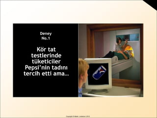 BRAND
sense
by Martin Lindstrom
Copyright © Martin Lindstrom 2010
Kör tat
testlerinde
tüketiciler
Pepsi’nin tadını
tercih etti ama…
Deney
No.1
 