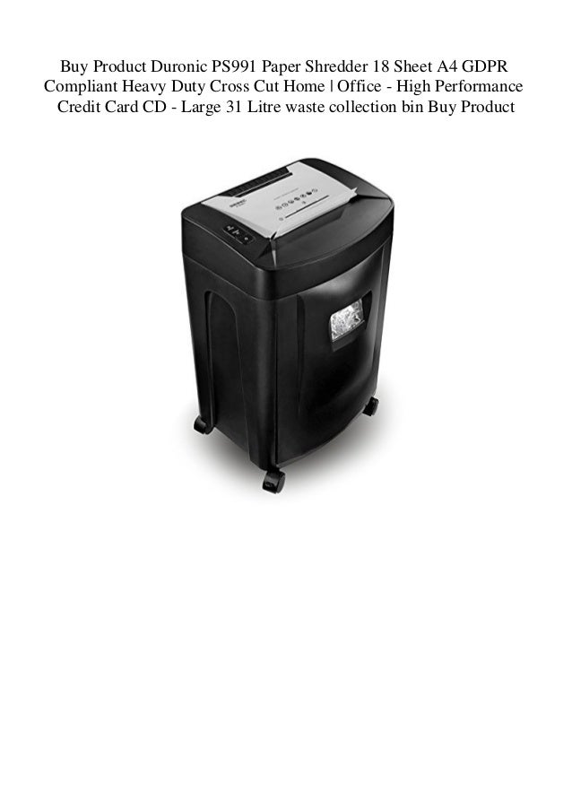 Duronic PS991 Paper Shredder 18 Sheet A4 GDPR Compliant Heavy Duty Cross Cut Home High Performance Credit Card CD Office Large 31 Litre waste collection bin