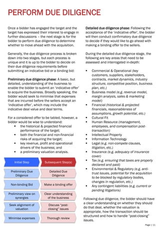 Page | 11
PERFORM DUE DILIGENCE
Once a bidder has engaged the target and the
target has expressed their interest to engage in
further discussions – the next stage is for the
bidder to perform due diligence to determine
whether to move ahead with the acquisition.
Generally, the due diligence process is broken
down into two stages, but each process is
unique and it is up to the bidder to decide on
their due diligence requirements before
submitting an indicative bid or a binding bid:
Preliminary due diligence phase: A basic, but
detailed, understanding of the business to
enable the bidder to submit an ‘indicative offer’
to acquire the business. Broadly speaking, the
bidder would seek to minimise that expenses
that are incurred before the sellers accept an
‘indicative offer’, which may include the
indicative deal value and deal terms.
For a considered offer to be tabled, however, a
bidder would be wise to understand:
▪ the historical & projected financial
performance of the target;
▪ both the financial and non-financial
risks of acquiring the target;
▪ key revenue, profit and operational
drivers of the business; and
▪ a preliminary valuation analysis.
Detailed due diligence phase: Following the
acceptance of the ‘indicative offer’, the bidder
will then conduct confirmatory due diligence
to decide if they would like to go ahead with
making a binding offer to the sellers.
During the detailed due diligence stage, the
following are key areas that need to be
assessed and interrogated in-depth:
▪ Commercial & Operational (key
customers, suppliers, stakeholders,
contracts, market dynamics, industry
structure, competitive position, business
plan, etc.)
▪ Business model (e.g. revenue model,
margin analysis, sales & marketing
model)
▪ Financial (historical & projected
financials, reasonableness of
assumptions, growth potential, etc.)
▪ Cultural Fit
▪ Human Resource (management,
employees, and compensation post-
transaction)
▪ Intellectual Property
▪ Information Technology
▪ Legal (e.g. non-compete clauses,
litigation, etc.)
▪ Insurance (e.g. adequacy of insurance
cover)
▪ Tax (e.g. ensuring that taxes are properly
declared and paid)
▪ Environmental & Regulatory (e.g. anti-
trust issues, potential for the acquisition
to be blocked by regulatory bodies,
changes in regulation, etc.)
▪ Any contingent liabilities (e.g. current or
pending litigations)
Following due diligence, the bidder should have
a clear understanding on whether they should
do that deal, whether the valuation is
appropriate, how the transaction should be
structured and how to handle “post-closing”
issues.
Initial Step Subsequent Step(s)
Preliminary Due
Diligence
Detailed Due
Diligence
Non-binding Bid Make a binding offer
Preliminary view on
synergies
Clear understanding
of the business
Seek alignment of
valuation
Minimise expenses
Discuss “post-
closing” issues
Thorough review
 