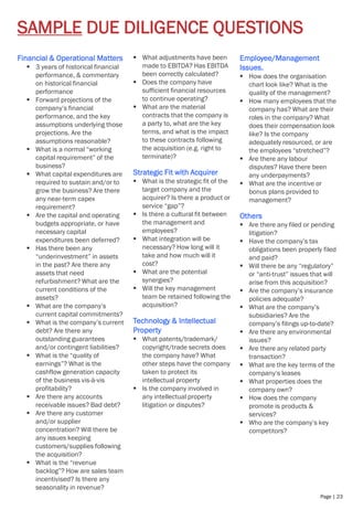 Page | 23
Financial & Operational Matters
▪ 3 years of historical financial
performance, & commentary
on historical financial
performance
▪ Forward projections of the
company’s financial
performance, and the key
assumptions underlying those
projections. Are the
assumptions reasonable?
▪ What is a normal “working
capital requirement” of the
business?
▪ What capital expenditures are
required to sustain and/or to
grow the business? Are there
any near-term capex
requirement?
▪ Are the capital and operating
budgets appropriate, or have
necessary capital
expenditures been deferred?
▪ Has there been any
“underinvestment” in assets
in the past? Are there any
assets that need
refurbishment? What are the
current conditions of the
assets?
▪ What are the company’s
current capital commitments?
▪ What is the company’s current
debt? Are there any
outstanding guarantees
and/or contingent liabilities?
▪ What is the “quality of
earnings”? What is the
cashflow generation capacity
of the business vis-à-vis
profitability?
▪ Are there any accounts
receivable issues? Bad debt?
▪ Are there any customer
and/or supplier
concentration? Will there be
any issues keeping
customers/supplies following
the acquisition?
▪ What is the “revenue
backlog”? How are sales team
incentivised? Is there any
seasonality in revenue?
▪ What adjustments have been
made to EBITDA? Has EBITDA
been correctly calculated?
▪ Does the company have
sufficient financial resources
to continue operating?
▪ What are the material
contracts that the company is
a party to, what are the key
terms, and what is the impact
to these contracts following
the acquisition (e.g. right to
terminate)?
Strategic Fit with Acquirer
▪ What is the strategic fit of the
target company and the
acquirer? Is there a product or
service “gap”?
▪ Is there a cultural fit between
the management and
employees?
▪ What integration will be
necessary? How long will it
take and how much will it
cost?
▪ What are the potential
synergies?
▪ Will the key management
team be retained following the
acquisition?
Technology & Intellectual
Property
▪ What patents/trademark/
copyright/trade secrets does
the company have? What
other steps have the company
taken to protect its
intellectual property
▪ Is the company involved in
any intellectual property
litigation or disputes?
Employee/Management
Issues.
▪ How does the organisation
chart look like? What is the
quality of the management?
▪ How many employees that the
company has? What are their
roles in the company? What
does their compensation look
like? Is the company
adequately resourced, or are
the employees “stretched”?
▪ Are there any labour
disputes? Have there been
any underpayments?
▪ What are the incentive or
bonus plans provided to
management?
Others
▪ Are there any filed or pending
litigation?
▪ Have the company’s tax
obligations been properly filed
and paid?
▪ Will there be any “regulatory”
or “anti-trust” issues that will
arise from this acquisition?
▪ Are the company’s insurance
policies adequate?
▪ What are the company’s
subsidiaries? Are the
company’s filings up-to-date?
▪ Are there any environmental
issues?
▪ Are there any related party
transaction?
▪ What are the key terms of the
company’s leases
▪ What properties does the
company own?
▪ How does the company
promote is products &
services?
▪ Who are the company’s key
competitors?
SAMPLE DUE DILIGENCE QUESTIONS
 