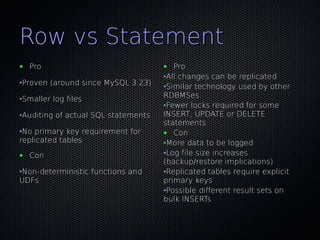 Row vs Statement
●   Pro                              ●  Pro
                                     •All changes can be replicated
•Proven (around since MySQL 3.23)
                                     •Similar technology used by other
•Smaller log files                   RDBMSes
                                     •Fewer locks required for some
•Auditing of actual SQL statements   INSERT, UPDATE or DELETE
                                     statements
•No primary key requirement for      ● Con
replicated tables                    •More data to be logged
●   Con                              •Log file size increases
                                     (backup/restore implications)
•Non-deterministic functions and     •Replicated tables require explicit
UDFs                                 primary keys
                                     •Possible different result sets on
                                     bulk INSERTs
 