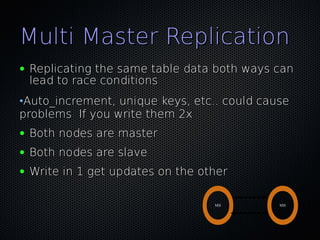 Multi Master Replication
●   Replicating the same table data both ways can
    lead to race conditions
•Auto_increment, unique keys, etc.. could cause
problems If you write them 2x
●   Both nodes are master
●   Both nodes are slave
●   Write in 1 get updates on the other

                                    M|S       M|S
 