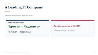 CASE STUDY · 06
A Leading IT Company
The longest-duration version of the same lesson.
PROFITS · 2000 → 2024 (24 years)
₹300 cr → ₹15,000 cr
17.7% CAGR · 5,000% absolute
Earnings up 50×. The stock?
Any idea on stock CAGR ?
A great business compounded earnings 50×.
Buy The Trough, Sell The Boom · Jiten Parmar · Aurum Capital 22
 