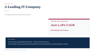 CASE STUDY · 06
A Leading IT Company
The longest-duration version of the same lesson.
STOCK PRICE · 2000 → 2024 (24 years)
Just 2.18% CAGR
67% absolute over 24 years
THE TAKEAWAY
A great business compounded earnings 50× — and the stock barely moved.
If you'd held for 24 years, you'd have collected dividends and a thumping lesson: starting valuation is decisive.
Buy The Trough, Sell The Boom · Jiten Parmar · Aurum Capital 23
 
