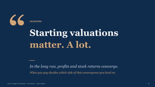 “
VALUATIONS
Starting valuations
matter. A lot.
In the long run, profits and stock returns converge.
What you pay decides which side of that convergence you land on.
Buy The Trough, Sell The Boom · Jiten Parmar · Aurum Capital 26
 