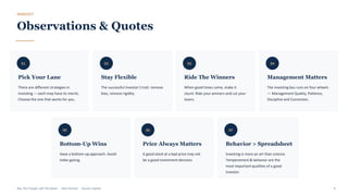 MINDSET
Observations & Quotes
01
Pick Your Lane
There are different strategies in
investing — each may have its merits.
Choose the one that works for you.
02
Stay Flexible
The successful investor's trait: remove
bias, remove rigidity.
03
Ride The Winners
When good times come, make it
count. Ride your winners and cut your
losers.
04
Management Matters
The investing bus runs on four wheels
— Management Quality, Patience,
Discipline and Conviction.
05
Bottom-Up Wins
Have a bottom-up approach. Avoid
index gazing.
06
Price Always Matters
A good stock at a bad price may not
be a good investment decision.
07
Behavior > Spreadsheet
Investing is more an art than science.
Temperament & behavior are the
most important qualities of a good
investor.
Buy The Trough, Sell The Boom · Jiten Parmar · Aurum Capital 4
 