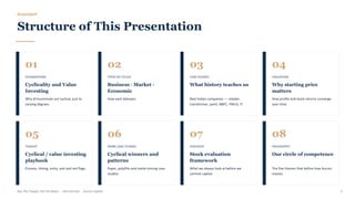 ROADMAP
Structure of This Presentation
01
FOUNDATIONS
Cyclicality and Value
Investing
Why all businesses are cyclical, just to
varying degrees.
02
TYPES OF CYCLES
Business · Market ·
Economic
How each behaves.
03
CASE STUDIES
What history teaches us
Real Indian companies — retailer,
transformer, paint, NBFC, FMCG, IT.
04
VALUATION
Why starting price
matters
How profits and stock returns converge
over time.
05
TOOLKIT
Cyclical / value investing
playbook
Process, timing, entry, exit and red flags.
06
MORE CASE STUDIES
Cyclical winners and
patterns
Paper, polyfilm and metal-mining case
studies.
07
CHECKLIST
Stock evaluation
framework
What we always look at before we
commit capital.
08
PHILOSOPHY
Our circle of competence
The five themes that define how Aurum
invests.
Buy The Trough, Sell The Boom · Jiten Parmar · Aurum Capital 5
 