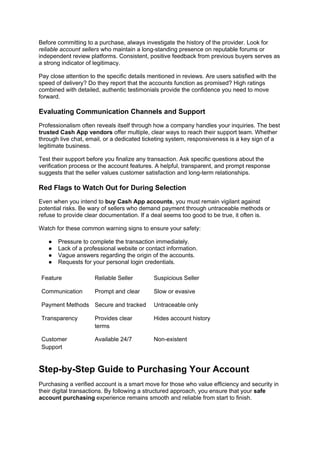 Before committing to a purchase, always investigate the history of the provider. Look for
reliable account sellers who maintain a long-standing presence on reputable forums or
independent review platforms. Consistent, positive feedback from previous buyers serves as
a strong indicator of legitimacy.
Pay close attention to the specific details mentioned in reviews. Are users satisfied with the
speed of delivery? Do they report that the accounts function as promised? High ratings
combined with detailed, authentic testimonials provide the confidence you need to move
forward.
Evaluating Communication Channels and Support
Professionalism often reveals itself through how a company handles your inquiries. The best
trusted Cash App vendors offer multiple, clear ways to reach their support team. Whether
through live chat, email, or a dedicated ticketing system, responsiveness is a key sign of a
legitimate business.
Test their support before you finalize any transaction. Ask specific questions about the
verification process or the account features. A helpful, transparent, and prompt response
suggests that the seller values customer satisfaction and long-term relationships.
Red Flags to Watch Out for During Selection
Even when you intend to buy Cash App accounts, you must remain vigilant against
potential risks. Be wary of sellers who demand payment through untraceable methods or
refuse to provide clear documentation. If a deal seems too good to be true, it often is.
Watch for these common warning signs to ensure your safety:
● Pressure to complete the transaction immediately.
● Lack of a professional website or contact information.
● Vague answers regarding the origin of the accounts.
● Requests for your personal login credentials.
Feature Reliable Seller Suspicious Seller
Communication Prompt and clear Slow or evasive
Payment Methods Secure and tracked Untraceable only
Transparency Provides clear
terms
Hides account history
Customer
Support
Available 24/7 Non-existent
Step-by-Step Guide to Purchasing Your Account
Purchasing a verified account is a smart move for those who value efficiency and security in
their digital transactions. By following a structured approach, you ensure that your safe
account purchasing experience remains smooth and reliable from start to finish.
 