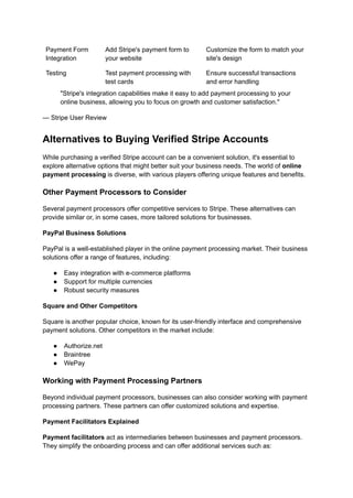 Payment Form
Integration
Add Stripe's payment form to
your website
Customize the form to match your
site's design
Testing Test payment processing with
test cards
Ensure successful transactions
and error handling
"Stripe's integration capabilities make it easy to add payment processing to your
online business, allowing you to focus on growth and customer satisfaction."
— Stripe User Review
Alternatives to Buying Verified Stripe Accounts
While purchasing a verified Stripe account can be a convenient solution, it's essential to
explore alternative options that might better suit your business needs. The world of online
payment processing is diverse, with various players offering unique features and benefits.
Other Payment Processors to Consider
Several payment processors offer competitive services to Stripe. These alternatives can
provide similar or, in some cases, more tailored solutions for businesses.
PayPal Business Solutions
PayPal is a well-established player in the online payment processing market. Their business
solutions offer a range of features, including:
●​ Easy integration with e-commerce platforms
●​ Support for multiple currencies
●​ Robust security measures
Square and Other Competitors
Square is another popular choice, known for its user-friendly interface and comprehensive
payment solutions. Other competitors in the market include:
●​ Authorize.net
●​ Braintree
●​ WePay
Working with Payment Processing Partners
Beyond individual payment processors, businesses can also consider working with payment
processing partners. These partners can offer customized solutions and expertise.
Payment Facilitators Explained
Payment facilitators act as intermediaries between businesses and payment processors.
They simplify the onboarding process and can offer additional services such as:
 