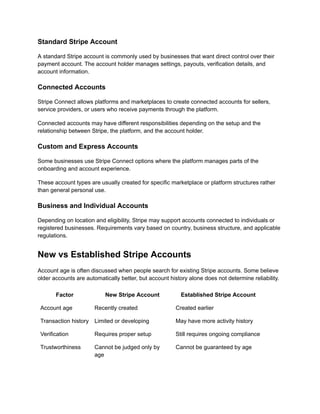 Standard Stripe Account
A standard Stripe account is commonly used by businesses that want direct control over their
payment account. The account holder manages settings, payouts, verification details, and
account information.
Connected Accounts
Stripe Connect allows platforms and marketplaces to create connected accounts for sellers,
service providers, or users who receive payments through the platform.
Connected accounts may have different responsibilities depending on the setup and the
relationship between Stripe, the platform, and the account holder.
Custom and Express Accounts
Some businesses use Stripe Connect options where the platform manages parts of the
onboarding and account experience.
These account types are usually created for specific marketplace or platform structures rather
than general personal use.
Business and Individual Accounts
Depending on location and eligibility, Stripe may support accounts connected to individuals or
registered businesses. Requirements vary based on country, business structure, and applicable
regulations.
New vs Established Stripe Accounts
Account age is often discussed when people search for existing Stripe accounts. Some believe
older accounts are automatically better, but account history alone does not determine reliability.
Factor New Stripe Account Established Stripe Account
Account age Recently created Created earlier
Transaction history Limited or developing May have more activity history
Verification Requires proper setup Still requires ongoing compliance
Trustworthiness Cannot be judged only by
age
Cannot be guaranteed by age
 