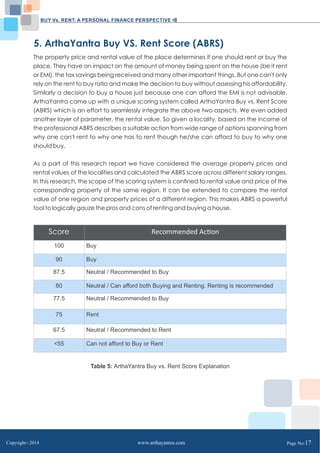 BUY Vs. RENT: A PERSONAL FINANCE PERSPECTIVE 
5. ArthaYantra Buy VS. Rent Score (ABRS) 
The property price and rental value of the place determines if one should rent or buy the 
place. They have an impact on the amount of money being spent on the house (be it rent 
or EMI), the tax savings being received and many other important things. But one can't only 
rely on the rent to buy ratio and make the decision to buy without assessing his affordability. 
Similarly a decision to buy a house just because one can afford the EMI is not advisable. 
ArthaYantra came up with a unique scoring system called ArthaYantra Buy vs. Rent Score 
(ABRS) which is an effort to seamlessly integrate the above two aspects. We even added 
another layer of parameter, the rental value. So given a locality, based on the income of 
the professional ABRS describes a suitable action from wide range of options spanning from 
why one can't rent to why one has to rent though he/she can afford to buy to why one 
should buy. 
As a part of this research report we have considered the average property prices and 
rental values of the localities and calculated the ABRS score across different salary ranges. 
In this research, the scope of the scoring system is confined to rental value and price of the 
corresponding property of the same region. It can be extended to compare the rental 
value of one region and property prices of a different region. This makes ABRS a powerful 
tool to logically gauze the pros and cons of renting and buying a house. 
Score Recommended Acon 
100 Buy 
90 Buy 
87.5 Neutral / Recommended to Buy 
80 Neutral / Can afford both Buying and Renting. Renting is recommended 
77.5 Neutral / Recommended to Buy 
75 Rent 
67.5 Neutral / Recommended to Rent 
55 Can not afford to Buy or Rent 
Table 5: ArthaYantra Buy vs. Rent Score Explanation 
Copyright C 2014 www.arthayantra.com Page No:17 
 