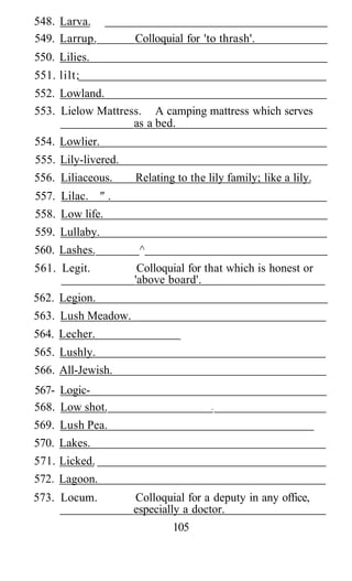 548. Larva.
549. Larrup.         Colloquial for 'to thrash'.
550. Lilies.
551. lilt;
552. Lowland.
553. Lielow Mattress. A camping mattress which serves
                   as a bed.
554. Lowlier.
555. Lily-livered.
556. Liliaceous.     Relating to the lily family; like a lily.
557. Lilac. " .
558. Low life.
559. Lullaby.
560. Lashes.          ^
561. Legit.           Colloquial for that which is honest or
                     'above board'.
562. Legion.
563. Lush Meadow.
564. Lecher.
565. Lushly.
566. All-Jewish.
567- Logic-
568. Low shot.                        :

569. Lush Pea.
570. Lakes.
571. Licked.
572. Lagoon.
573. Locum.          Colloquial for a deputy in any office,
                     especially a doctor.
                             105
 