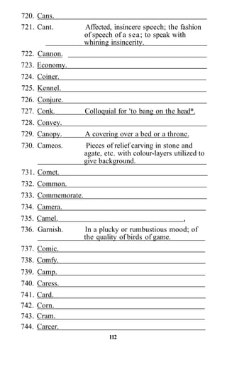 720. Cans.
721. Cant.          Affected, insincere speech; the fashion
                    of speech of a sea; to speak with
                    whining insincerity.
722. Cannon.
723. Economy.
724. Coiner.
725. Kennel.
726. Conjure.
727. Conk.          Colloquial for 'to bang on the head*.
728. Convey.
729. Canopy.        A covering over a bed or a throne.
730. Cameos.         Pieces of relief carving in stone and
                    agate, etc. with colour-layers utilized to
                    give background.
731. Comet.
732. Common.
733. Commemorate.
734. Camera.
735. Camel.                                       ,
736. Garnish.       In a plucky or rumbustious mood; of
                    the quality of birds of game.
737. Comic.
738. Comfy.
739. Camp.
740. Caress.
741.   Card.
742.   Corn.
743.   Cram.
744.   Career.
                            112
 