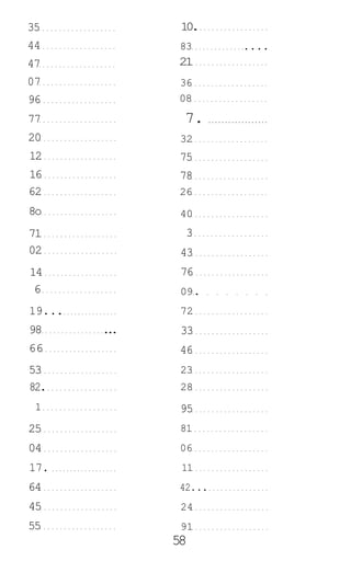 35             1.
                0
44             83       ....
47            21
07             36
96             08
77              7.
20             32
12             75
16             78
62             26
8o             40
71              3
02             43
14             76
 6             09 .
19. ..         72
98       ..
          .    33
66             46
53             23
82.            28
 1             95
25             81
04             06
17.            11
64             42. ..
45             24
55             91
              58
 