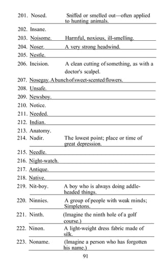 201. Nosed.          Sniffed or smelled out—often applied
                    to hunting animals.
202. Insane.
203. Noisome.       Harmful, noxious, ill-smelling.
204. Noser.         A very strong headwind.
205. Nestle.
206. Incision.      A clean cutting of something, as with a
                    doctor's scalpel.
207. Nosegay. A bunch of sweet-scented flowers.
208. Unsafe.
209. Newsboy.
210. Notice.
211. Needed.
212. Indian.
213. Anatomy.
214. Nadir.         The lowest point; place or time of
                    great depression.
215. Needle.
216. Night-watch.
217. Antique.
218. Native.
219. Nit-boy.       A boy who is always doing addle-
                    headed things.
220. Ninnies.        A group of people with weak minds;
                     Simpletons.
221. Ninth.         (Imagine the ninth hole of a golf
                    course.)
222. Ninon.         A light-weight dress fabric made of
                    silk.
223. Noname.         (Imagine a person who has forgotten
                    his name.)
                            91
 