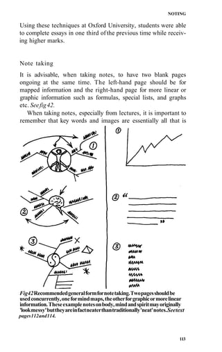 NOTING

Using these techniques at Oxford University, students were able
to complete essays in one third of the previous time while receiv-
ing higher marks.


Note taking
It is advisable, when taking notes, to have two blank pages
ongoing at the same time. The left-hand page should be for
mapped information and the right-hand page for more linear or
graphic information such as formulas, special lists, and graphs
etc. See fig 42.
   When taking notes, especially from lectures, it is important to
remember that key words and images are essentially all that is




Fig42 Recommended general form for note taking. Two pages should be
used concurrently, one for mind maps, the other for graphic or more linear
information. These example notes on body, mind and spirit may originally
'look messy' but they are in fact neater than traditionally 'neat' notes. See text
pages 112 and 114.



                                                                               113
 