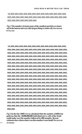 YOUR MIND IS BETTER THAN YOU THINK


      10,000,000,000,000,000,000,000,000,000,000,000,000,000,
      000,000,000,000,000,000,000,000,000,000,000,000,000,000
      000,000,000,000,000,000,000

     Fig 3 The number of atoms (one of the smallest particles we know
     of) in the known universe (die largest thing we know of)- See text on
     facing page.




      10,000,000,000,000,000,000,000,000,000,000,000,000,000,
      000,000,000,000,000,000,000,000,000,000,000,000,000,000,
      000,000,000,000,000,000,000,000,000,000,000,000,000,000,
      000,000,000,000,000,000,000,000,000,000,000,000,000,000,
      000,000,000,000,000,000,000,000,000,000,000,000,000,000,
      000,000,000,000,000,000,000,000,000,000,000,000,000,000,
      000,000,000,000,000,000,000,000,000,000,000,000,000,000,
      000,000,000,000,000,000,000,000,000,000,000,000,000,000,
      000,000,000,000,000,000,000,000,000,000,000,000,000,000,
      000,000,000,000,000,000,000,000,000,000,000,000,000,000,
      000,000,000,000,000,000,000,000,000,000,000,000,000,000,
      000,000,000,000,000,000,000,000,000,000,000,000,000,000,
      000,000,000,000,000,000,000,000,000,000,000,000,000,000,
      000,000,000,000,000,000,000,000,000,000,000,000,000,000,
      000,000,000,000,000,000,000,000,000,000,000,000,000,000,
      000,000,000,000,000,000,000,000,000,000,000,000,000,000,
      000,000,000,000,000,000,000,000,000,000,000,000,000,000,
      000,000,000,000,000,000,000,000,000,000,000,000,000,000,
      000,000,000,000,000,000,000,000,000,000,000,000,000,000,
      000,000

     Fig 4 In the late 1960's it was calculated that the number of different
     patterns that the 10,000,000,000 individual nerve cells of the brain
     could make was this number followed by 800 noughts. Recent
     estimates have shown that even this number is too small! See text on
4•   facingpage.
 
