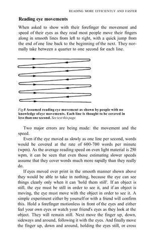 READING MORE EFFICIENTLY AND FASTER

Reading eye movements
When asked to show with their forefinger the movement and
speed of their eyes as they read most people move their fingers
along in smooth lines from left to right, with a quick jump from
the end of one line back to the beginning of the next. They nor-
mally take between a quarter to one second for each line.




Fig 8 Assumed reading eye movement as shown by people with no
knowledge of eye movements. Each line is thought to be covered in
less than one second. See text this page.

    Two major errors are being made: the movement and the
speed.
    Even if the eye moved as slowly as one line per second, words
would be covered at the rate of 600-700 words per minute
(wpm). As the average reading speed on even light material is 250
wpm, it can be seen that even those estimating slower speeds
assume that they cover words much more rapidly than they really
do.
    If eyes moved over print in the smooth manner shown above
they would be able to take in nothing, because the eye can see
things clearly only when it can 'hold them still'. If an object is
still, the eye must be still in order to see it, and if an object is
moving, the eye must move with the object in order to see it. A
simple experiment either by yourself or with a friend will confirm
this. Hold a forefinger motionless in front of the eyes and either
feel your own eyes or watch your friend's eyes as they look at the
object. They will remain still. Next move the finger up, down,
sideways and around, following it with the eyes. And finally move
the finger up, down and around, holding the eyes still, or cross
 
