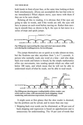 USE YOUR HEAD

both hands in front of your face, at the same time looking at them
both simultaneously. (If you can accomplish this last feat write to
me immediately!) When objects move, eyes move with them if
they are to be seen clearly.
   Relating all this to reading, it is obvious that if the eyes are
going to take in words, and if the words are still, the eyes will
have to pause on each word before moving on. Rather than mov-
ing in smooth lines as shown in fig 8, the eyes in fact move in a
series of stops and quick jumps.
                             fixations (1/4 - 11/2 sec)


eye movement

      words

Fig 9 Diagram representing the stop-and-start movement of the
eyes during the reading process. See text this page.

   The jumps themselves are so quick as to take almost no time,
but the fixations can take anywhere from 1/4 to 1 1/2 seconds. A
person who normally reads one word at a time - and who skips
back over words and letters is forced, by the simple mathematics
of his eye movements, into reading speeds which are often well
below 100 wpm, and which mean that he will not be able to
understand much of what he reads, nor be able to read much.

                                                                     visual
                                                                     wandering
                                        back              fixation
                                        skipping                      regression



eye movement

       words

Fig 10 Diagram showing poor reading habits of slow reader: one
word read at a time, with unconscious back-skipping, visual
wandering, and conscious regressions. See text this page.

   It might seem at first glance that the slow reader is doomed,
but the problem can be solved, and in more than one way:
1 Skipping back over words can be eliminated, as 90 per cent of
  back-skipping and regression is based on apprehension and is
  unnecessary for understanding. The 10 per cent of words that
 