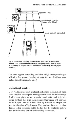 READING MORE EFFICIENTLY AND FASTER




                                         speed for 1 hour



                                            speed slowed down to
                                            thought to be 30mph




                                                speed suddenly signposted




Fig 14 Illustration showing how the mind 'gets used to' speed and
motion. The same kind of relativistic 'misjudgements' can be used
to advantage to help us learn to learn more adequately. See text pages
36 and 37.



The same applies to reading, and after a high speed practice you
will often find yourself reading at twice the speed without even
feeling the difference. See fig 14.


Motivational practice
Most reading is done at a relaxed and almost lackadaisical pace,
a fact of which many speed reading courses have taken advantage.
Students are given various exercises and tasks, and it is sug-
gested to them that after each exercise their speed will increase
by 10-20 wpm. And so it does, often by as much as 100 per cent
over the duration of the lessons. The increase, however, is often
due not to the exercises, but to the fact that the student's motiva-
tion has been eked out bit by bit during the course.


                                                                         37
 