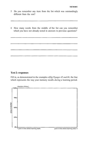 MEMORY

5 Do you remember any item from the list which was outstandingly
  different from the rest?




6 How many words from the middle of the list can you remember
  which you have not already noted in answers to previous questions?




Test 2: responses
Fill in, as demonstrated in the examples of fig 15 pages 45 and 46, the line
which represents the way your memory recalls during a learning period.

       direction of time |




       1 point in time where learning starts     point in time where learning ends A
 