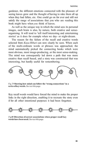 NOTING

gardener, the different emotions connected with the pleasure of
seeing leaves grow and the thought of having to rake them all up
when they had fallen, etc. One could go on for ever and still not
satisfy the range of associations that you who are reading this
book might have when you think of leaves.
    As well as the unique way in which the mind sees its personal
images, each brain is also, by nature, both creative and sense-
organising. It will tend to 'tell itself interesting and entertaining
stories' as it does for example when we day- or night-dream.
    The reason for the failure of the recall and creative words
selected from Kusa-Hibari can now clearly be seen. When each
of the multi-ordinate words or phrases was approached, the
mind automatically picked the connecting hooks which were
most obvious, most image-producing, or the most sense-making.
The mind was consequently led down a path that was more
creative than recall based, and a story was constructed that was
interesting, but hardly useful for remembering.




Fig 29 Showing how mind can follow the 'wrong connections' in a
series of key words. See text this page.


Key recall words would have forced the mind to make the proper
links in the right direction, enabling it to recreate the story even
if for all other intentional purposes it had been forgotten.




Fig30 Direction of correct associations when proper recall key
words have been used. See text this page.




                                                                      81
 
