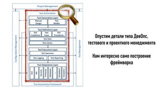 Опустим детали типа ДевОпс,
тестового и проектного менеджмента
Нам интересно само построение
фреймворка
 