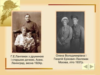 Олена Володимирівна і Георгій Еріхович Лангемак Москва, літо 1937р. Г.Е.Лангемак з дружиною і старшою дочкою, Асею. Ленінград, весна 1924р. 