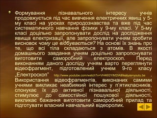 Формування
пізнавального
інтересу
учнів
продовжується під час вивчення електричних явищ у 5му класі на уроках природознавства та вже під час
систематичного навчання фізики у 9-му класі. У 5-му
класі доцільно запропонувати дослід на дослідження
явища електризації, але запропонувати учням зробити
висновок чому це відбувається? На основі їх знань про
те, що всі тіла складаються з атомів. В якості
домашнього завдання учням доцільно запропонувати
виготовити
саморобний
електроскоп.
Перед
виконанням даного досліду учням варто переглянути
відеофрагмент, підготовлений учнем 9-го класу
„Електроскоп” http://www.youtube.com/watch?v=VH46GYiM2IA&feature=youtu.be  .
Використання відеофрагментів, виконаних самими
учнями викликає неабиякий інтерес у п’ятикласників,
спонукає їх до активної пізнавальної діяльності,
стимулює до самостійної пошукової діяльності,
викликає бажання виготовити саморобний прилад та
підготувати власний навчальний відеоролик.

 