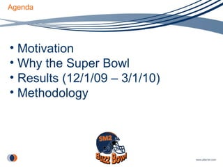 Agenda Motivation Why the Super Bowl Results (12/1/09 – 3/1/10) Methodology 