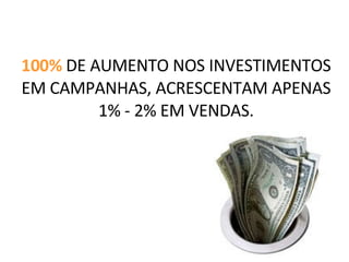 100%  DE AUMENTO NOS INVESTIMENTOS EM CAMPANHAS, ACRESCENTAM APENAS 1% - 2% EM VENDAS. 