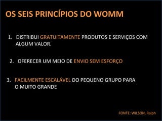 OS SEIS PRINCÍPIOS DO WOMM DISTRIBUI  GRATUITAMENTE  PRODUTOS E SERVIÇOS COM  ALGUM VALOR. 2.  OFERECER UM MEIO DE  ENVIO SEM ESFORÇO  3.  FACILMENTE ESCALÁVEL  DO PEQUENO GRUPO PARA O MUITO GRANDE FONTE: WILSON, Ralph 