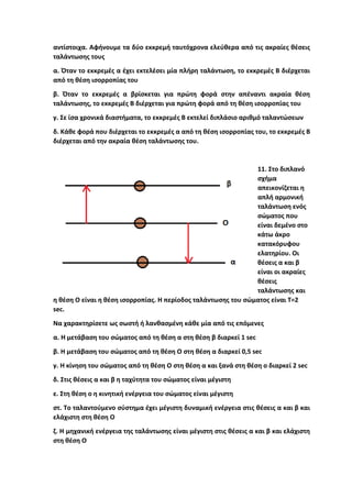 αντίστοιχα. Αφήνουμε τα δύο εκκρεμή ταυτόχρονα ελεύθερα από τις ακραίες θέσεις
ταλάντωσης τους
α. Όταν το εκκρεμές α έχει εκτελέσει μία πλήρη ταλάντωση, το εκκρεμές Β διέρχεται
από τη θέση ισορροπίας του
β. Όταν το εκκρεμές α βρίσκεται για πρώτη φορά στην απέναντι ακραία θέση
ταλάντωσης, το εκκρεμές Β διέρχεται για πρώτη φορά από τη θέση ισορροπίας του
γ. Σε ίσα χρονικά διαστήματα, το εκκρεμές Β εκτελεί διπλάσιο αριθμό ταλαντώσεων
δ. Κάθε φορά που διέρχεται το εκκρεμές α από τη θέση ισορροπίας του, το εκκρεμές Β
διέρχεται από την ακραία θέση ταλάντωσης του.
11. Στο διπλανό
σχήμα
απεικονίζεται η
απλή αρμονική
ταλάντωση ενός
σώματος που
είναι δεμένο στο
κάτω άκρο
κατακόρυφου
ελατηρίου. Οι
θέσεις α και β
είναι οι ακραίες
θέσεις
ταλάντωσης και
η θέση Ο είναι η θέση ισορροπίας. Η περίοδος ταλάντωσης του σώματος είναι Τ=2
sec.
Να χαρακτηρίσετε ως σωστή ή λανθασμένη κάθε μία από τις επόμενες
α. Η μετάβαση του σώματος από τη θέση α στη θέση β διαρκεί 1 sec
β. Η μετάβαση του σώματος από τη θέση Ο στη θέση α διαρκεί 0,5 sec
γ. Η κίνηση του σώματος από τη θέση Ο στη θέση α και ξανά στη θέση ο διαρκεί 2 sec
δ. Στις θέσεις α και β η ταχύτητα του σώματος είναι μέγιστη
ε. Στη θέση ο η κινητική ενέργεια του σώματος είναι μέγιστη
στ. Το ταλαντούμενο σύστημα έχει μέγιστη δυναμική ενέργεια στις θέσεις α και β και
ελάχιστη στη θέση Ο
ζ. Η μηχανική ενέργεια της ταλάντωσης είναι μέγιστη στις θέσεις α και β και ελάχιστη
στη θέση Ο
 