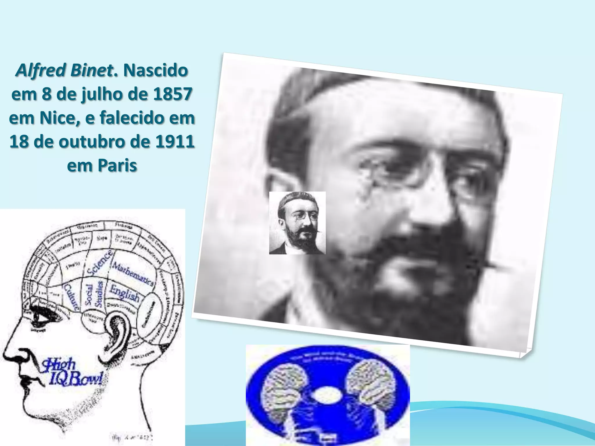 Alfred Binet. Nascido
em 8 de julho de 1857
em Nice, e falecido em
18 de outubro de 1911
em Paris
 