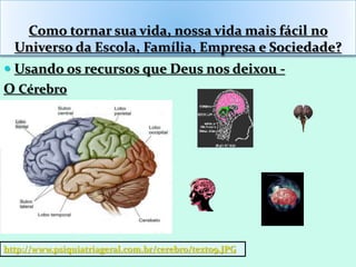 Como tornar sua vida, nossa vida mais fácil no
Universo da Escola, Família, Empresa e Sociedade?
 Usando os recursos que Deus nos deixou -
O Cérebro
http://www.psiquiatriageral.com.br/cerebro/texto9.JPG
 