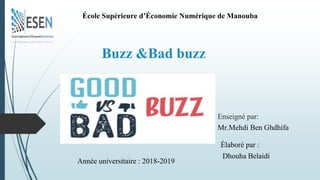Année universitaire : 2018-2019
Élaboré par :
Dhouha Belaidi
Buzz &Bad buzz
Enseigné par:
Mr.Mehdi Ben Ghdhifa
École Supérieure d’Économie Numérique de Manouba
 